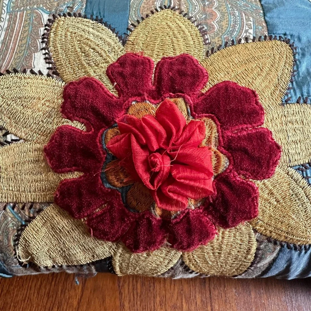 Pier 1 Floral Embroidered Velvet Accent Pillow 12x22 Boho Eclectic Maximalist